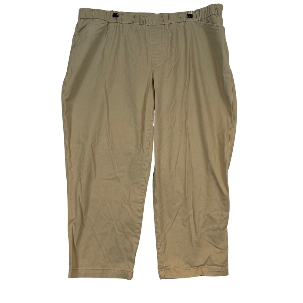 Lands End Womens 22W Khaki Mid Rise Crop Pants Elastic Waist Stretch Twill Tan